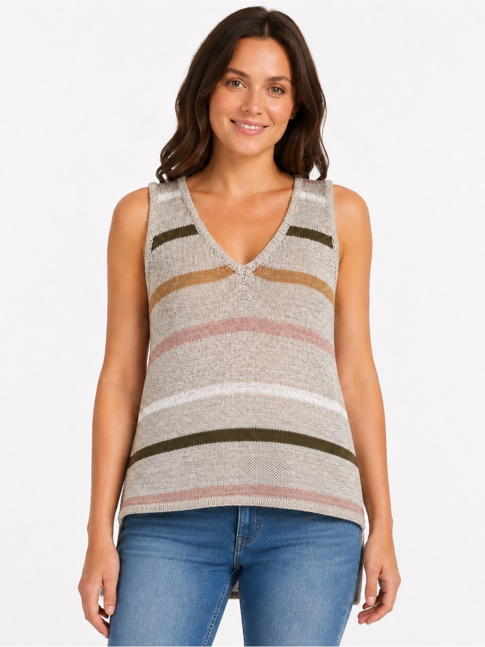 Staccato Striped Open Knit Sweater Tank Top Boho Coastal Women M